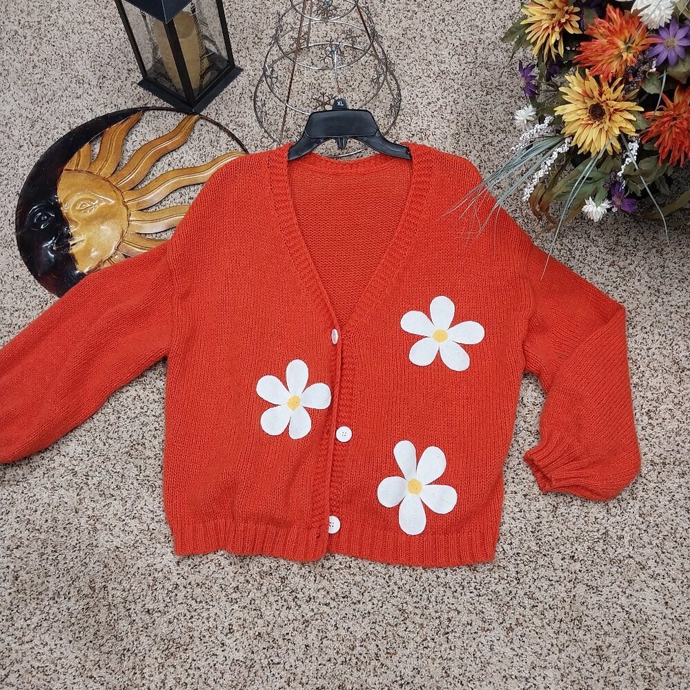 SHEIN Red Cardigan with White Floral Accents